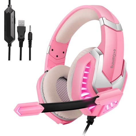 Gaming Headset Mic LED Headphones Stereo Bass Surround For PC PS4 Xbox One - PINK WITH LED ...