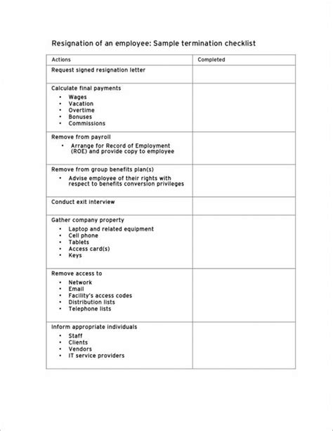 Free Termination Checklist Samples Templates In Ms Word Excel