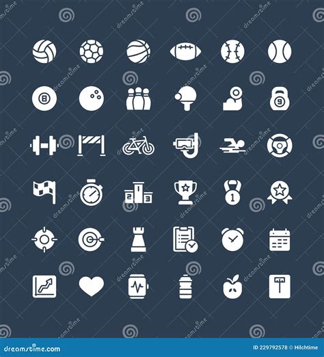 Vector Solid Icons Set With Sport And Fitness Flat Symbols Stock