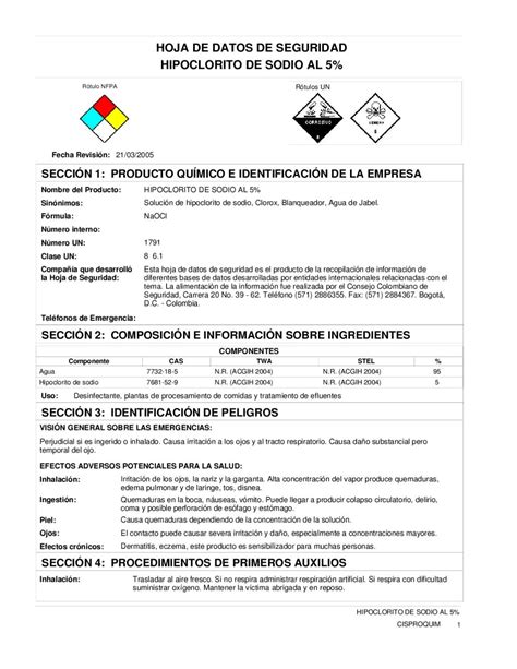 Clave Hl001HS Hoja De Seguridad Producto Hipoclorito De Sodio Cloro Agua