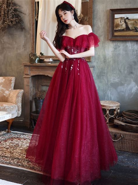 Burgundy Off Shoulder Tulle Sequin Long Prom Dress Burgundy Evening Dr