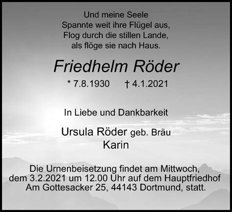 Traueranzeigen von Friedhelm Röder Trauer in NRW de