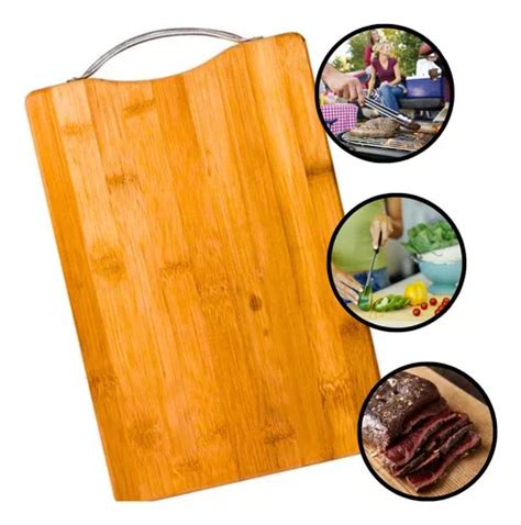 Tabla De Cortar De Bamb Mango Metal Madera Resistente Cocina