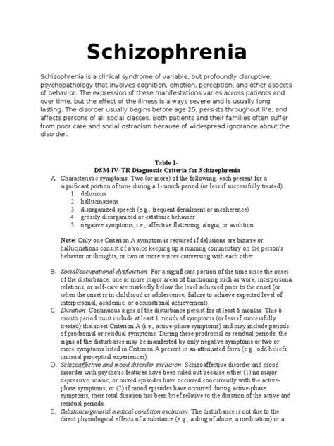 Schizophrenia Table 1 Dsm Iv Tr Diagnostic Criteria For Schizophrenia