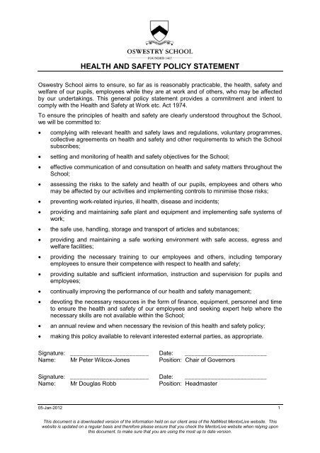 Health And Safety Policy Statement Oswestry School