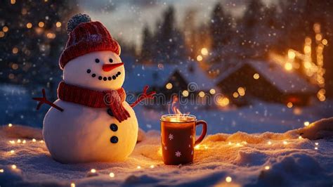Winter Scene With Snowman Hot Cocoa And Glowing Fire Stock Photo