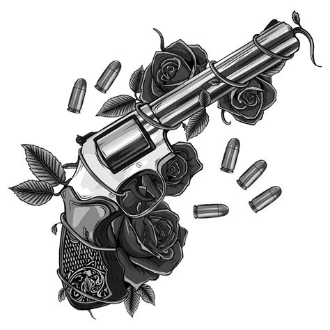 Pair Of Crossed Guns And Rose Flowers Drawn In Tattoo Style Vector Illustration Digital Art By