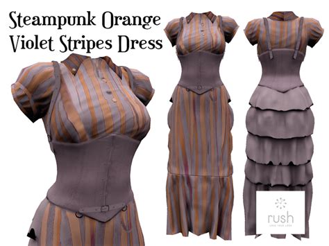 Second Life Marketplace Rush Steampunk Orange Violet Stripes Dress Pack