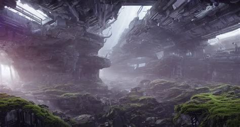 Krea An Ancient Ruin Covered In Moss Of A Sprawling Futuristic City