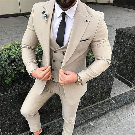 Slim Fit Beige 3 Piece Suit Men Wedding Tuxedos Bridegroom Groomsmen