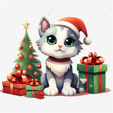 Lindo Gato Con Regalos De Navidad Y árbol PNG dibujos Gato Navidad