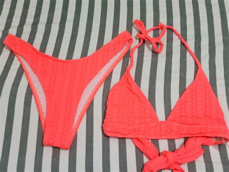 M Neon Coral Bikini Set Women S Fashion Swimwear Bikinis Swimsuits On Carousell
