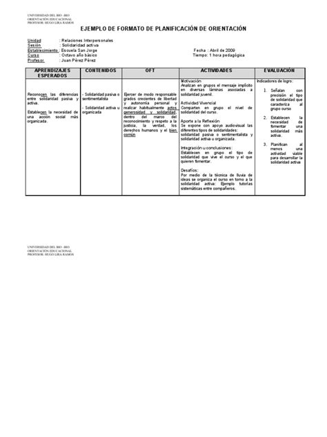 Ejemplo De Formato De Planificación De Orientación