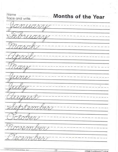 Traditional Cursive Months Of The Year Cursive Writing Practice