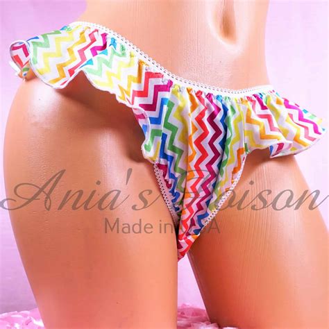 Anias Sissy Satin Flutter Side Bikini Rainbow Pride Chevron Stripe Shiny Wetlook WOMENS Cut