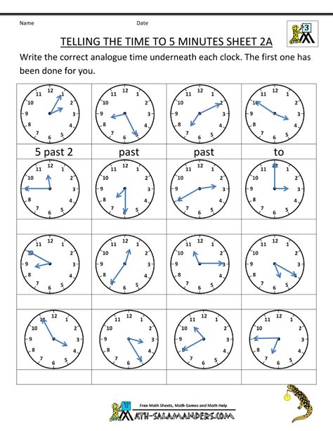 Telling Time Clock Worksheets To 5 Minutes