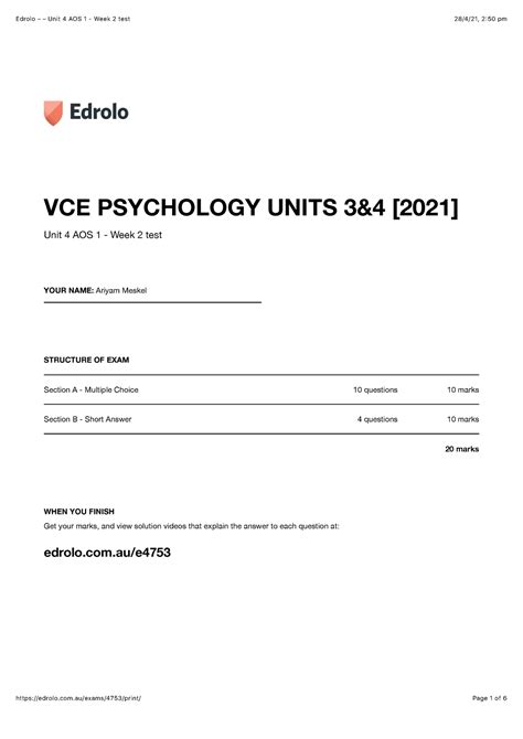 Edrolo Unit Aos Week Test Vce Psychology Units