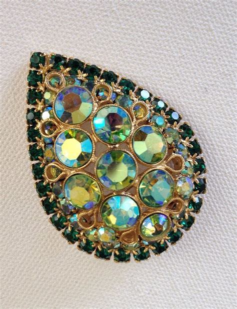 Peridot Green Rhinestone Brooch Tear Drop Aurora Borealis Etsy