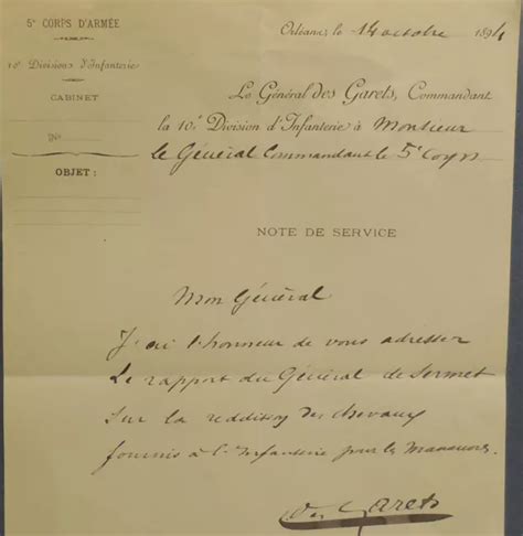 Lettre Autographe Sign E L A S Note Du G N Ral Garnier Des Garets