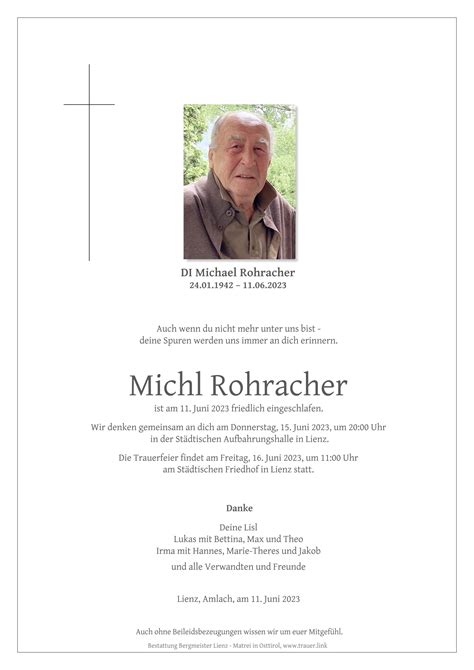 Todesanzeige Michael Rohracher Trauer Link