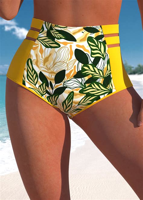 Leaf Print Yellow High Waisted Bikini Bottom Rosewe USD 21 98