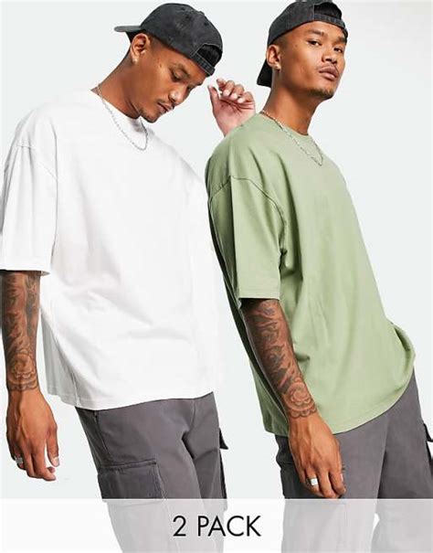 Asos Design 2 Pack Oversized T Shirt With Crew Neck In White And Khaki