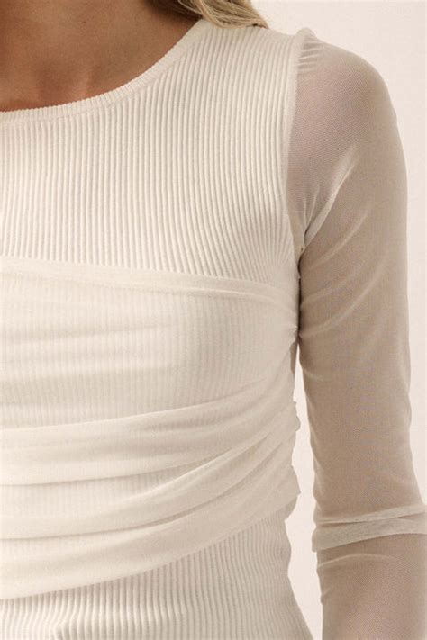 Shaper Fit Mesh Sleeve Gathered Rib Knit Top Shoppromesa