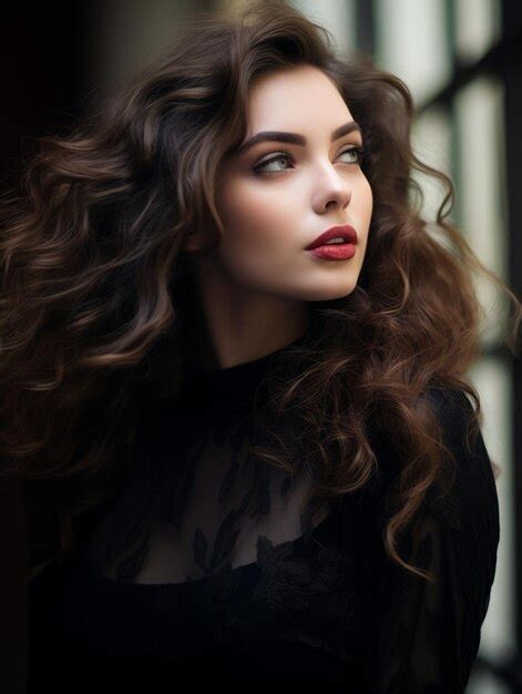 Premium Photo Beautiful Woman With Long Curly Hair And Red Lips