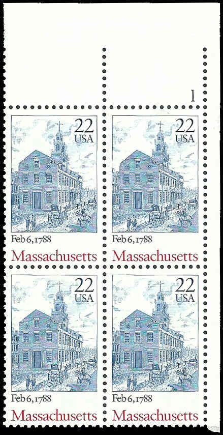 PCBstamps US 2341 PB 88c 4x22c Massachusetts Statehood MNH 2