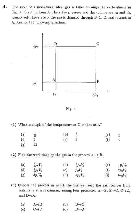 Solved 4. One mole of a monatomic ideal gas is taken through | Chegg.com 