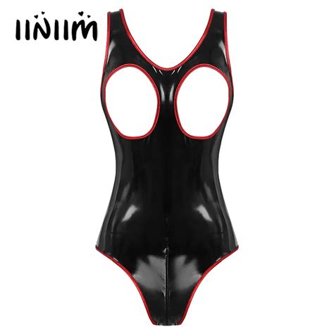 Womens Lingerie Open Cup Zipper Crotch Bodysuit Glossy Patent Leather