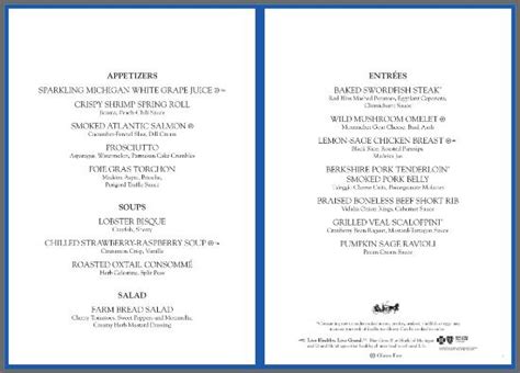 Grand Hotel Mackinac Island Menu