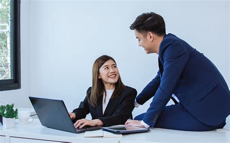Asian Smart Handsome Business Working Man And Beautiful Woman Wearing ...