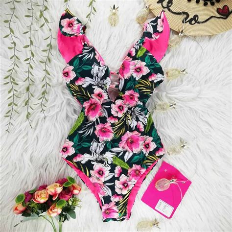 Print Swimwear Deep V Neck Ruffle Swimsuit Push Up One Piece Swimsuit