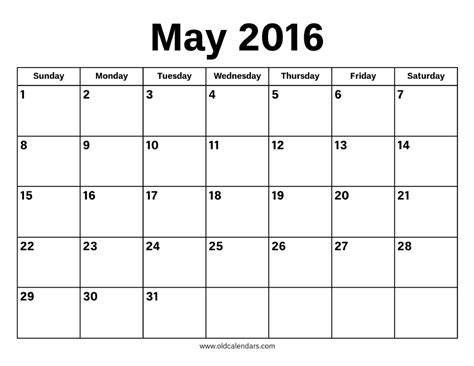 May 2016 Calendar Printable Old Calendars