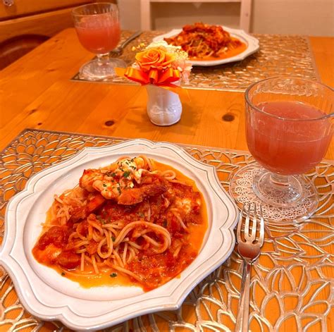 ランチ 海老とモッツァレラチーズのトマトクリームパスタ♡ ノンナと息子2人暮らし 日々のお料理と趣味たち