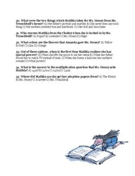 Mathilda By Roald Dahl Quiz Answer KEY By TpT Hemingway Hero Supply