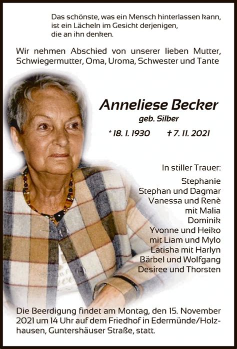 Traueranzeigen Von Anneliese Becker Trauer Hna De