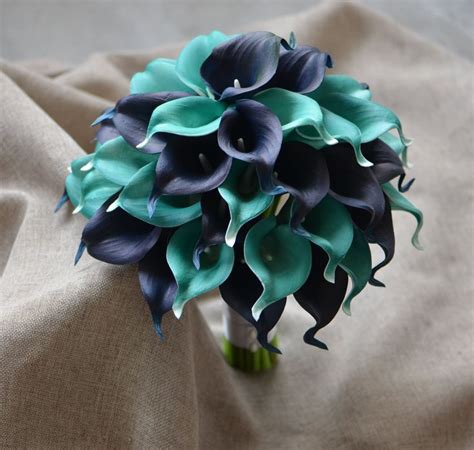 Navy Calla Lilies Wedding Package Teal Calla Lilies Silk Bridal Bouquet