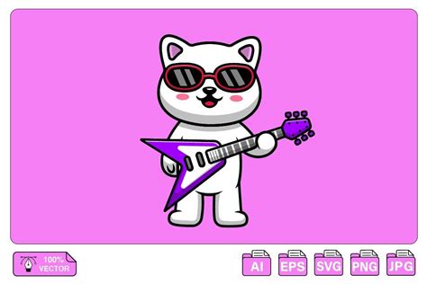 Cute Cat Playing Electric Guitar Cartoon Graphic by mokshastuff · Creative Fabrica