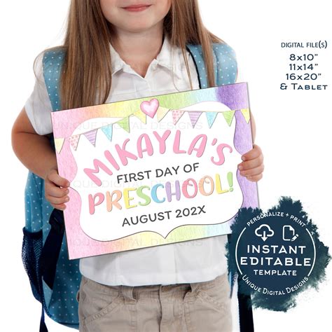 Editable First Day of Preschool Sign, Rainbow Back to School Photo Pro