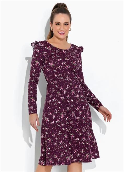 Vestido Floral Roxo Moda Evangélica Rosalie