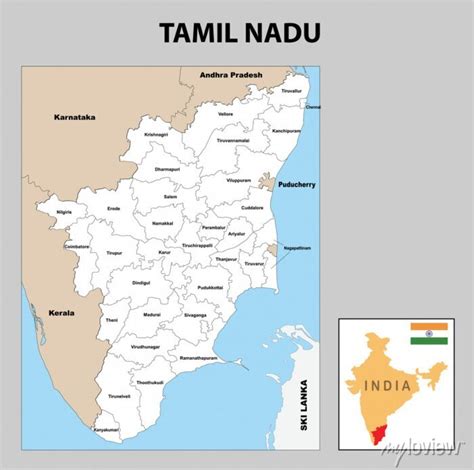 Tamil Nadu Map Political And Administrative Map Of Tamil Nadu Wall