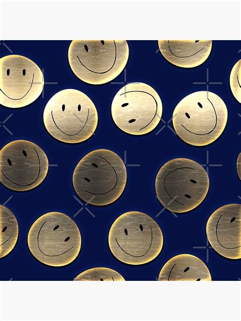 Happy Vintage Gold Metallic Smiley Faces Pattern Indigo Background