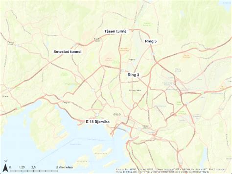 Map showing Ring 3 and the alternative routes Ring 2 and E18 Bjørvika ...