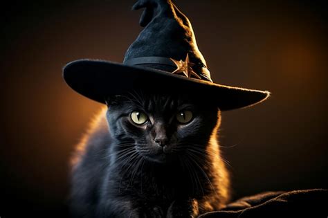 Um lindo gato preto de bruxas de halloween usando um chapéu de bruxa