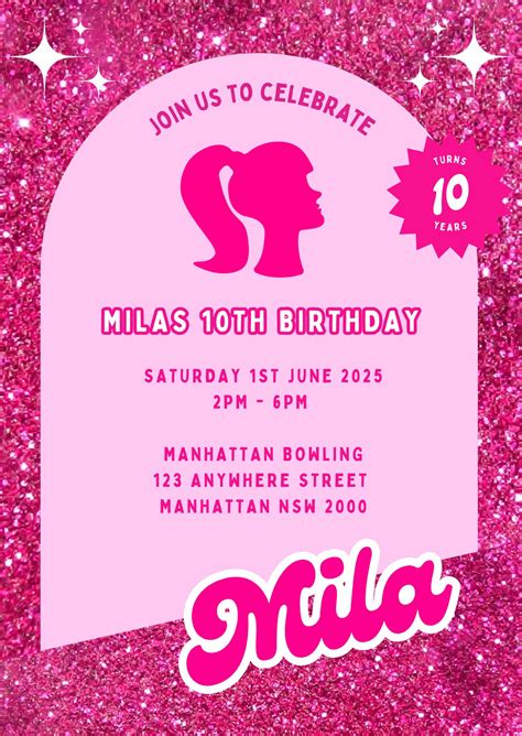 Hot Pink Barbie Theme Birthday Party Invitation Glitter, Sparkles ...