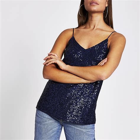 Navy Sequin Cami Top River Island