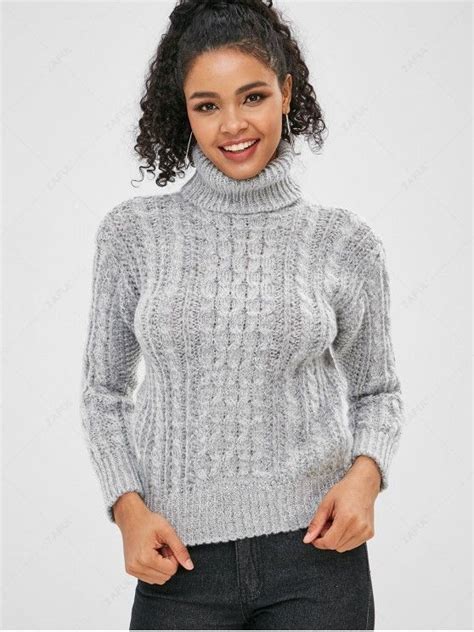 [25 Off] 2021 Cable Knit Turtleneck Sweater In Light Gray Zaful