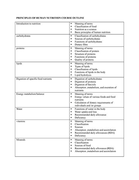 Principles Of Human Nutrition Course Outline PRINCIPLES OF HUMAN